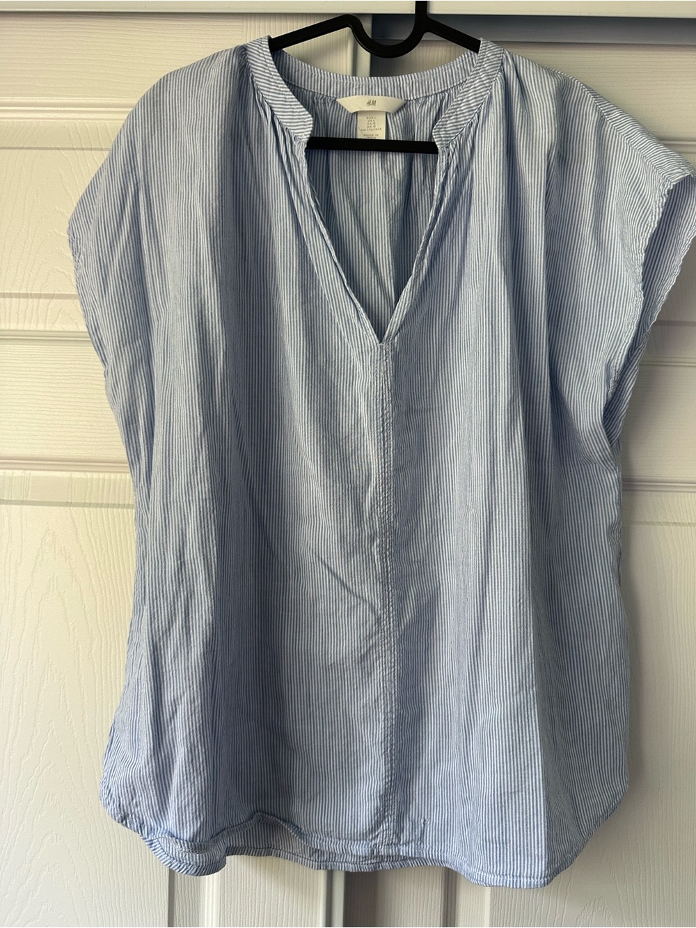 H&M Blue and White Striped V-Neck Cap Sleeve Blouse